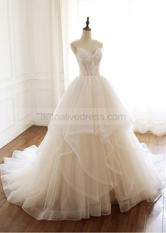 Tie Straps Lace Tulle Cascading Ruffles Classy Wedding Dress Tie Straps Lace Tulle Cascading Ruffles Classy Wedding Dress